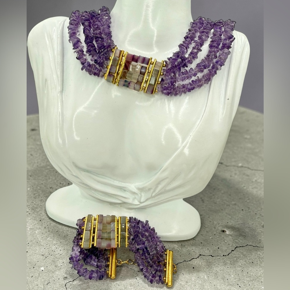 Amethyst Multi Strand Choker Necklace & Bracelet Set Mosaic Agate 161g Stunning - Picture 15 of 17